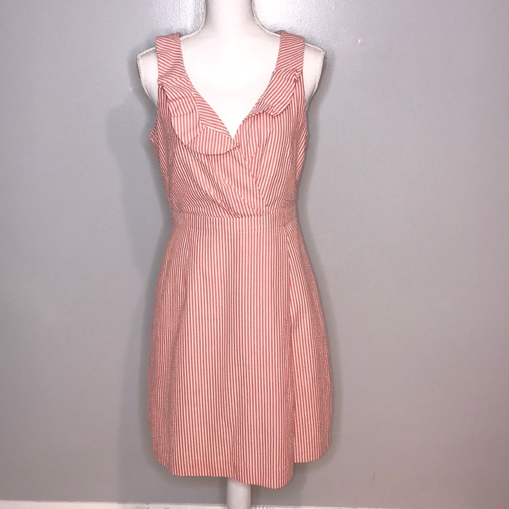 J CREW White Coral Striped Ruffle Sleeveless Dress